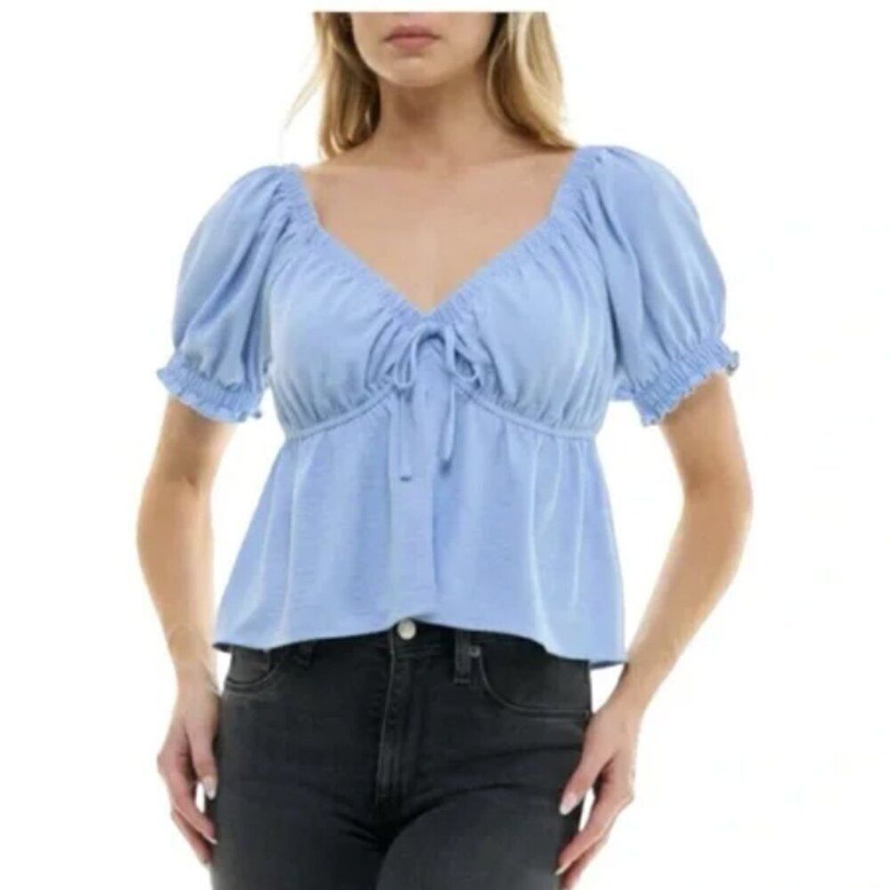 NWT Lola Grace Babydoll Top size Large Sky Blue Gathered Peplum Puff Sleeve